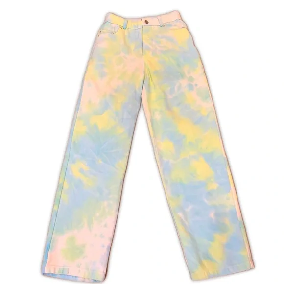 Tiger Mist white blue and green tie dye wide leg high rise jeans with button fly - Picture 2 of 8